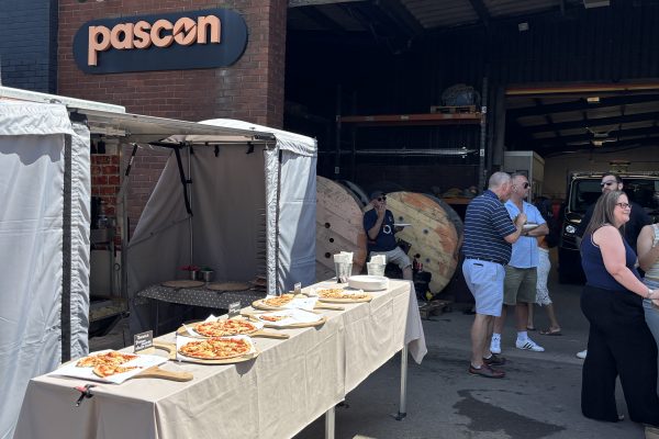 Wood-fired pizza buffet at Pascon Ltd's 25th anniversary celebration in Aldridge, Walsall